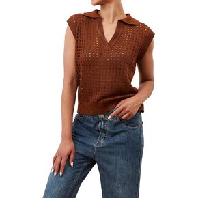 Livtany Women's Cap Sleeve Hollow Out Sweater Vest Lapel Collar V Neck Crochet Knit Tops Loose Fit See Through Sexy Sweater