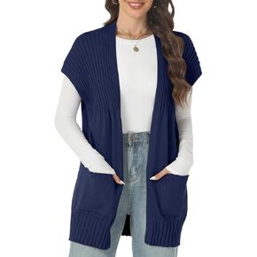 Tanou Cardigan Sweaters for Women Pleated Cap Sleeve Open Front Lightweight Casual Fall Knitted Sweaters with Pockets
