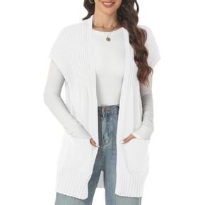 Tanou Cardigan Sweaters for Women Pleated Cap Sleeve Open Front Lightweight Casual Fall Knitted Sweaters with Pockets