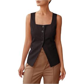 SHENHE Women's Sleeveless Long Vest Button Up Square Neck Fitted Blazer Vest Waistcoat with Pockets
