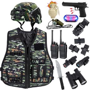 RedCrab Kids Military Costume, Role-Play Toyset with Dual Walkie Talkie, Boys Dark Camouflage Helmet Toys with 12pcs Accessories for 3 4 5 6 7 8 Years Old Halloween Costume Dress Up