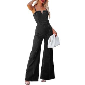 Sexyshine Women's Denim Jumpsuit Spaghetti Straps Sleeveless V Neck Wide Leg Flared Full Length Jeans Rompers Overalls