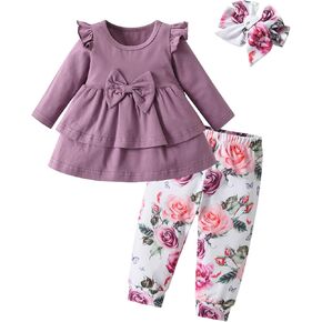Baby Girl Clothes Solid Color Long Sleeve Ruffle Tops Pants Headband 3PCS Outfits Set