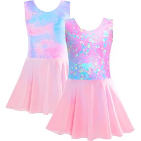 Bundles of Dance Leotard for Girls Ballet Outfit Size 7-8 Years Old Sparkly Pink Blue Graffiti and Tie Dye Sleeveless Ballerina Dress