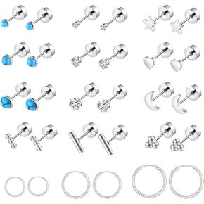 Surgical Stainless Steel Flat Back Stud Earrings for Women Men Hypoallergenic Hoop Earrings for Cartilage Helix Lobes Multiple Piercing jewerly Screw Back Earring Set Silver/Gold/Black