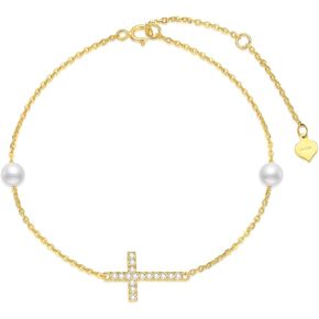 SISGEM Real 14k Gold Diamond Cross Bracelet for Women, Pearl Religious Jewelry Gifts for Her, 6.8-8.4 Inch (0.14 ct)