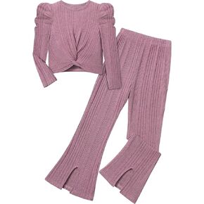 Girls 2 Piece Outfits Twist Front Puff Sleeve Tops Spilt Flared Pants Rib-Knit Sweatsuits Fall Winter Clothes Sets