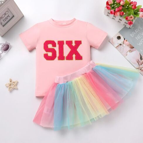 ODASDO Kids Girls 2d 3rd 4th 5th 6th Birthday Party Outfit Short Sleeve T-shirt Tops Rainbow Tutu Skirt 2pcs Set in Saudi Arabia