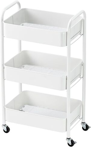 Heavy Duty Rolling Cart, Mesh Utility Storage Cart with Lockable Wheels for Kitchen, Bathroom, Office, 3-Tier Metal, Black in Saudi Arabia