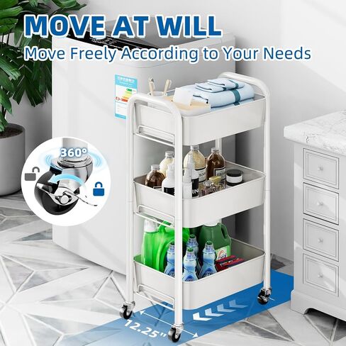 Heavy Duty Rolling Cart, Mesh Utility Storage Cart with Lockable Wheels for Kitchen, Bathroom, Office, 3-Tier Metal, Black in Saudi Arabia