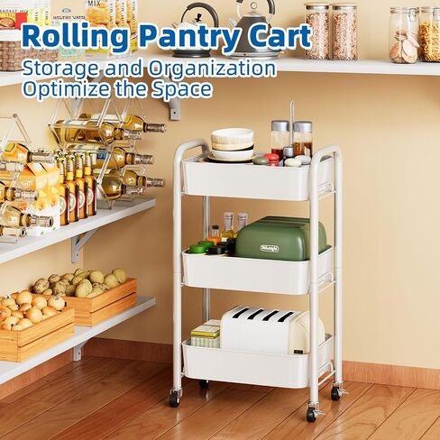 Heavy Duty Rolling Cart, Mesh Utility Storage Cart with Lockable Wheels for Kitchen, Bathroom, Office, 3-Tier Metal, Black in Saudi Arabia