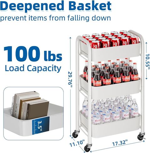 Heavy Duty Rolling Cart, Mesh Utility Storage Cart with Lockable Wheels for Kitchen, Bathroom, Office, 3-Tier Metal, Black in Saudi Arabia