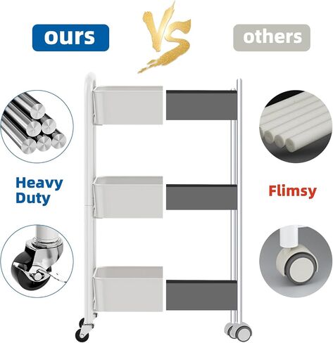 Heavy Duty Rolling Cart, Mesh Utility Storage Cart with Lockable Wheels for Kitchen, Bathroom, Office, 3-Tier Metal, Black in Saudi Arabia