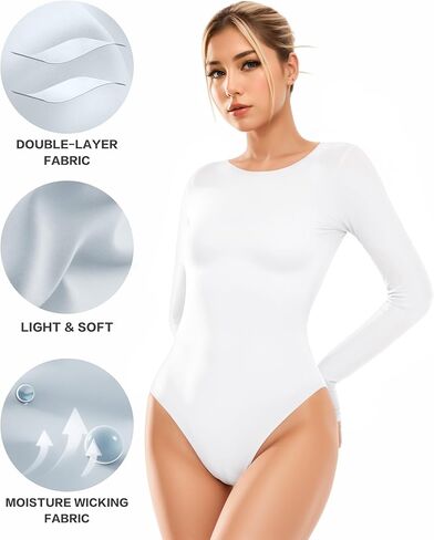 ALGALAROUND Women's Crew Neck Long Sleeve Bodysuit: Body Sculpting, Premium Double Lined, Compression Basics for Second-Skin in Kuwait