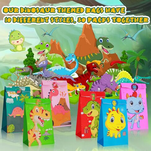 30 Pack Dinosaur Party Gift Bags Dinosaur Party Favor Bags Little Dinosaur Goodie Halloween Candy Treat Bag with Matching Stickers for Kids Dinosaur Themed Birthday Christmas Baby Shower Supplies in Kuwait