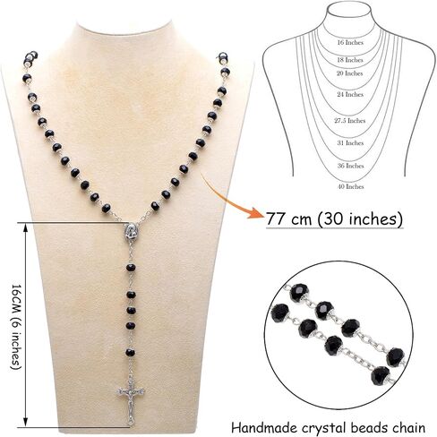 Paialco قلادة مسبحة كاثوليكية مطرزة بالكريستال الأسود للنساء والرجال، 30+6 بوصة in Kuwait