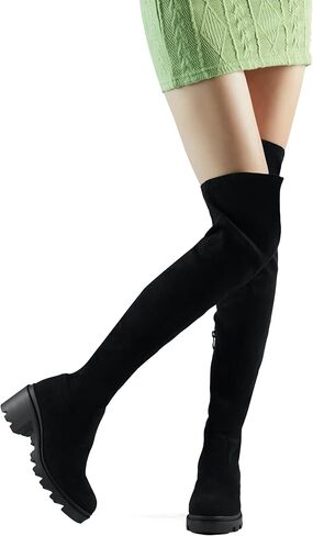 حذاء بوت عالي من الجلد السويدي المطاطي من Shoe'N Tale بكعب مكتنز فوق الركبة (5، أسود) in Kuwait