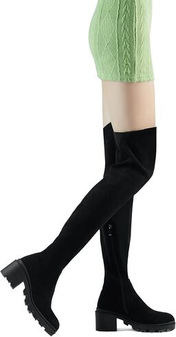 حذاء بوت عالي من الجلد السويدي المطاطي من Shoe'N Tale بكعب مكتنز فوق الركبة (5، أسود) in Kuwait