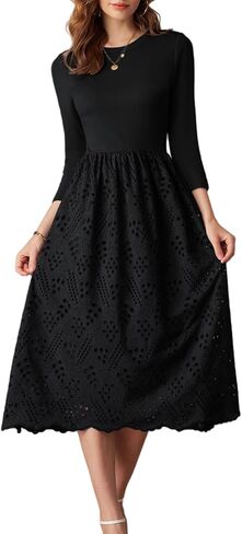 GRACE KARIN Womens Summer 3/4 Sleeve Dress with Pockets A Line Midi Eyelet Dress Empire Waist Casual Fall Flowy Dress in Saudi Arabia