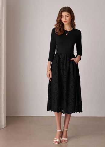 GRACE KARIN Womens Summer 3/4 Sleeve Dress with Pockets A Line Midi Eyelet Dress Empire Waist Casual Fall Flowy Dress in Saudi Arabia