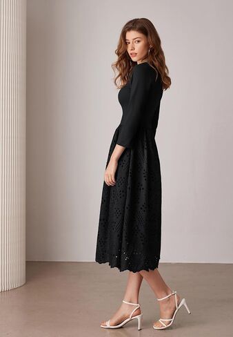 GRACE KARIN Womens Summer 3/4 Sleeve Dress with Pockets A Line Midi Eyelet Dress Empire Waist Casual Fall Flowy Dress in Saudi Arabia
