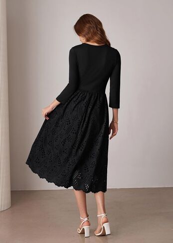GRACE KARIN Womens Summer 3/4 Sleeve Dress with Pockets A Line Midi Eyelet Dress Empire Waist Casual Fall Flowy Dress in Saudi Arabia