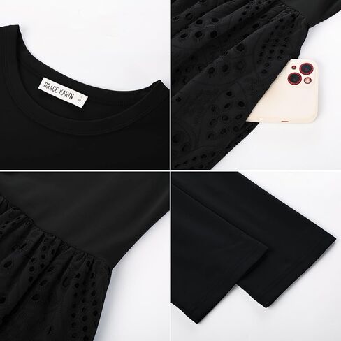 GRACE KARIN Womens Summer 3/4 Sleeve Dress with Pockets A Line Midi Eyelet Dress Empire Waist Casual Fall Flowy Dress in Saudi Arabia