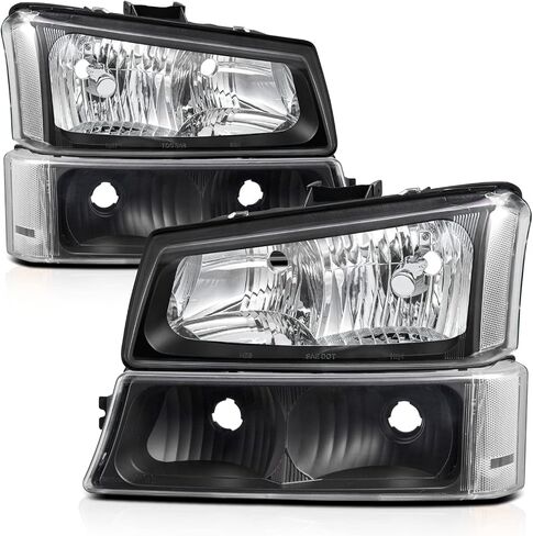 مجموعة المصابيح الأمامية 4 قطع من M-AUTO متوافقة مع 03 04 Chevy Silverado 2500، 03-06 Silverado 1500 1500HD 2500HD 3500، 03-06 Avalanche 1500 2500، غطاء أسود شفاف بعدسات شفافة in Kuwait