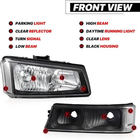 مجموعة المصابيح الأمامية 4 قطع من M-AUTO متوافقة مع 03 04 Chevy Silverado 2500، 03-06 Silverado 1500 1500HD 2500HD 3500، 03-06 Avalanche 1500 2500، غطاء أسود شفاف بعدسات شفافة in Kuwait
