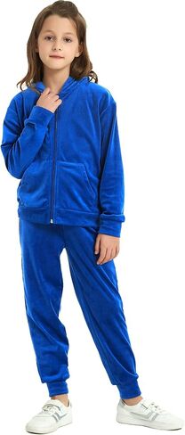 MessBebe Girls Sweatsuits Jogging Set Velour Tracksuit 2 Piece Outfits Zip Up Hoodies and Pants Sportswear Set 110-150 in Saudi Arabia