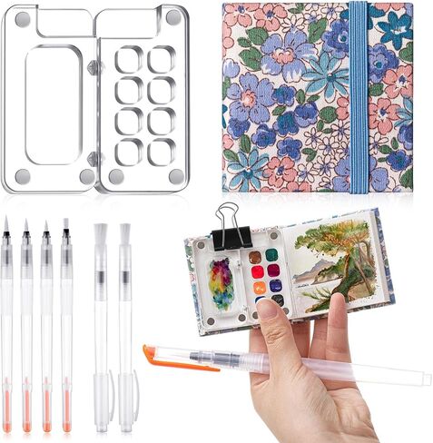 Chiisong 12 Pcs Mini Portable Watercolor Palette Set Including Acrylic 8 Grid Paint Box Watercolor Paper Pad Sketchbook 6 Paint Brushes 4 Binder Clips for Painters Artists Students(Summer Flowers) in Saudi Arabia