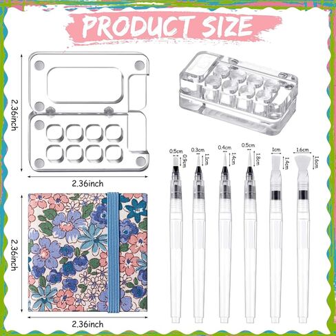 Chiisong 12 Pcs Mini Portable Watercolor Palette Set Including Acrylic 8 Grid Paint Box Watercolor Paper Pad Sketchbook 6 Paint Brushes 4 Binder Clips for Painters Artists Students(Summer Flowers) in Saudi Arabia