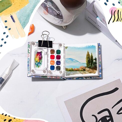 Chiisong 12 Pcs Mini Portable Watercolor Palette Set Including Acrylic 8 Grid Paint Box Watercolor Paper Pad Sketchbook 6 Paint Brushes 4 Binder Clips for Painters Artists Students(Summer Flowers) in Saudi Arabia