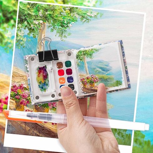Chiisong 12 Pcs Mini Portable Watercolor Palette Set Including Acrylic 8 Grid Paint Box Watercolor Paper Pad Sketchbook 6 Paint Brushes 4 Binder Clips for Painters Artists Students(Summer Flowers) in Saudi Arabia