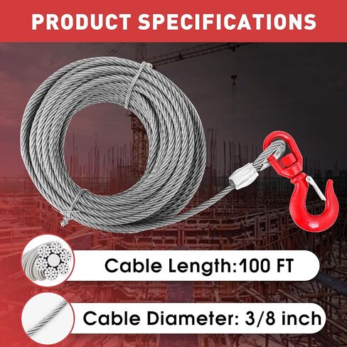 Steel Winch Cable,3/8" x 100' Wire Rope with Swivel Hook,17637 Lbs Breaking Strength,6x19 Strand Core Steel Towing Cable for Tow Truck,Crane,Wrecker in Kuwait
