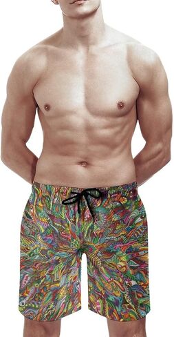 شورت رجالي من Trippy Psychedelic Swim Trunks Beach Board مع بطانة شبكية وجيوب in Kuwait