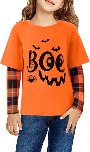 Arshiner Girls Christmas Halloween Long Sleeve Shirts Graphic Stripe Plaid Patchwork Top Tee in Saudi Arabia