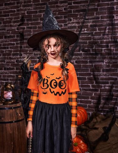 Arshiner Girls Christmas Halloween Long Sleeve Shirts Graphic Stripe Plaid Patchwork Top Tee in Saudi Arabia