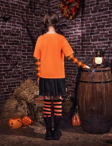 Arshiner Girls Christmas Halloween Long Sleeve Shirts Graphic Stripe Plaid Patchwork Top Tee in Saudi Arabia