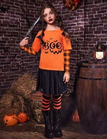 Arshiner Girls Christmas Halloween Long Sleeve Shirts Graphic Stripe Plaid Patchwork Top Tee in Saudi Arabia