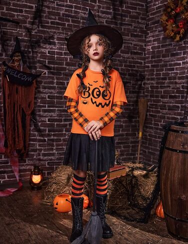 Arshiner Girls Christmas Halloween Long Sleeve Shirts Graphic Stripe Plaid Patchwork Top Tee in Saudi Arabia