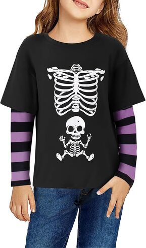 Arshiner Girls Christmas Halloween Long Sleeve Shirts Graphic Stripe Plaid Patchwork Top Tee in Saudi Arabia