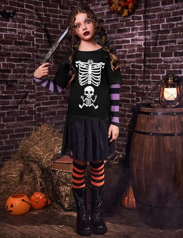 Arshiner Girls Christmas Halloween Long Sleeve Shirts Graphic Stripe Plaid Patchwork Top Tee in Saudi Arabia