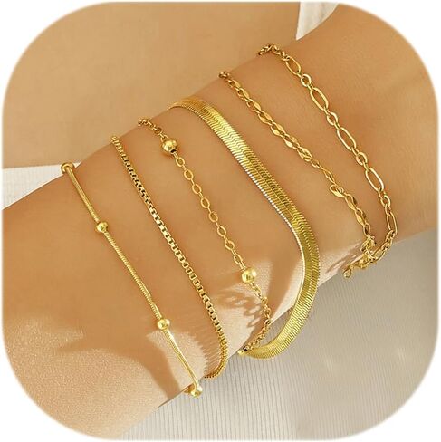Wgoud Waterproof Gold Bracelets for Women Trendy, Dainty 14K Real Gold Plated Fashion Stackable Bracelet Sets for Women Thin Cuban Link Paperclip Chain Bracelets Layered Gold Jewelry Sets Gifts for Womens in Saudi Arabia