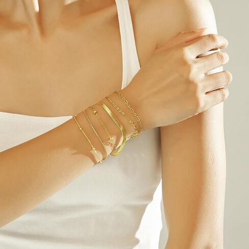 Wgoud Waterproof Gold Bracelets for Women Trendy, Dainty 14K Real Gold Plated Fashion Stackable Bracelet Sets for Women Thin Cuban Link Paperclip Chain Bracelets Layered Gold Jewelry Sets Gifts for Womens in Saudi Arabia