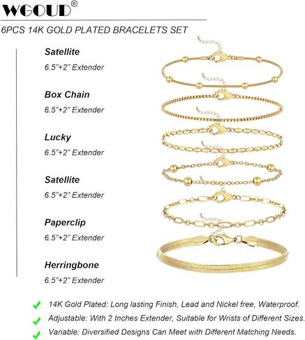 Wgoud Waterproof Gold Bracelets for Women Trendy, Dainty 14K Real Gold Plated Fashion Stackable Bracelet Sets for Women Thin Cuban Link Paperclip Chain Bracelets Layered Gold Jewelry Sets Gifts for Womens in Saudi Arabia