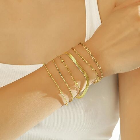 Wgoud Waterproof Gold Bracelets for Women Trendy, Dainty 14K Real Gold Plated Fashion Stackable Bracelet Sets for Women Thin Cuban Link Paperclip Chain Bracelets Layered Gold Jewelry Sets Gifts for Womens in Saudi Arabia