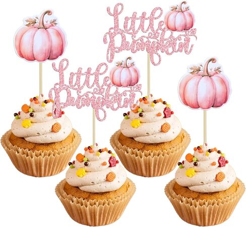 Ephlyn 24Pcs Little Pumpkin Cupcake Toppers Pink Glitter Pumpkin Birthday Baby Shower Decorations for Thanksgiving Birthday Fall Theme Party Decorations Supplies in Kuwait