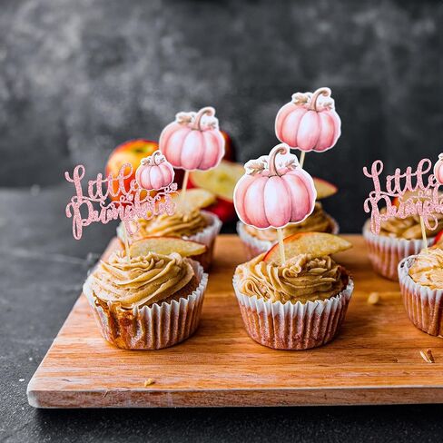 Ephlyn 24Pcs Little Pumpkin Cupcake Toppers Pink Glitter Pumpkin Birthday Baby Shower Decorations for Thanksgiving Birthday Fall Theme Party Decorations Supplies in Kuwait