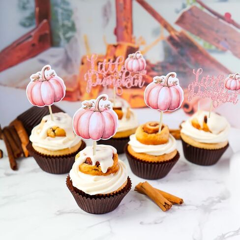 Ephlyn 24Pcs Little Pumpkin Cupcake Toppers Pink Glitter Pumpkin Birthday Baby Shower Decorations for Thanksgiving Birthday Fall Theme Party Decorations Supplies in Kuwait